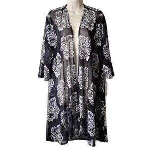 R&M Richards Pearl-Textured Sheer Mesh Duster Jacket 14 Charcoal Black White